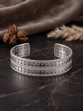 Wide Geometric Cut Out Open Cuff Bracelet Art Deco Beaded Border Silver 2.2"